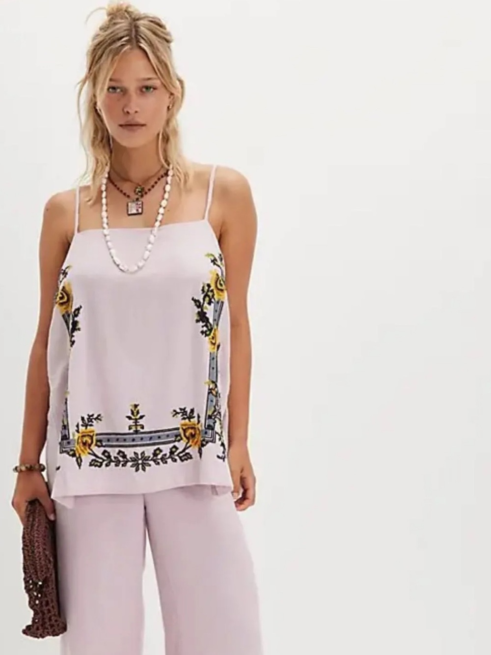 XS FREE PEOPLE SET Lavender Floral-Trim PANT SET EMBROIDERED LINEN BLEND